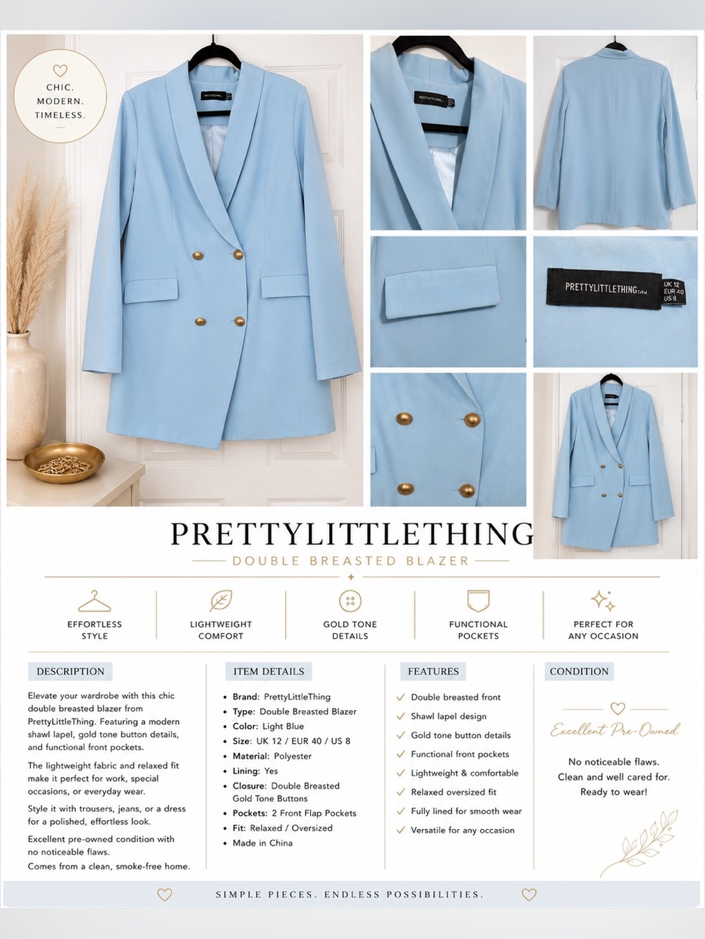 PrettyLittleThing Sky Blue Double Breasted Blazer with Gold Buttons